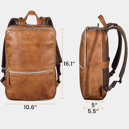 LEATHER VILLAGE Leather Laptop Backpack for Men | Camel Brown | Slim Professional Business Bag Fits 15.6”-Laptop | Water-Repellent Work & Travel Daypack with Trolley Strap