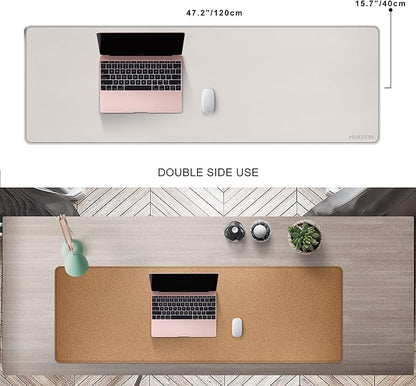 MAIDERN 47.2" x 15.7" Cork & Leather Desk Pad, Large XXL Mat, Full Mouse Pad, Dual Sided Protector for Gaming Home Office (Cream)