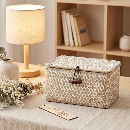 Hipiwe Wicker Shelf Basket Mini Seagrass Basket with Lid Key Holder Box for Entry Tabletop Desk Organizer Home Decor, Whitewash 6.1" x 4" x 3.3"