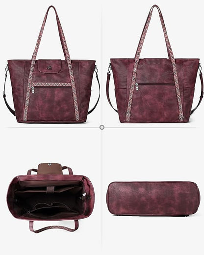 FADEON Large Laptop Tote Bag for Women Designer Leather Laptop Bag Fashion Travel Backpack Purse Shoulder Handbag