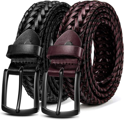 BULLIANT Men Belt 2Pack,Braided Woven Leather Belt For Men Golf Casual Jeans 1 3/8"