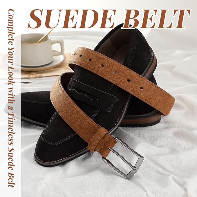 XZQTIVE Mens Suede Belt - 1 3/8" Genuine Leather Dress Belt for Jeans Dress Handmade Classic Every Day Belt
