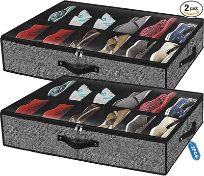 homyfort Under Bed Shoe Storage Organizer for Closet Fits 24 Pairs-Sturdy Underbed Shoe Storage Box Bins,Set of 2 (Linen-like Black)