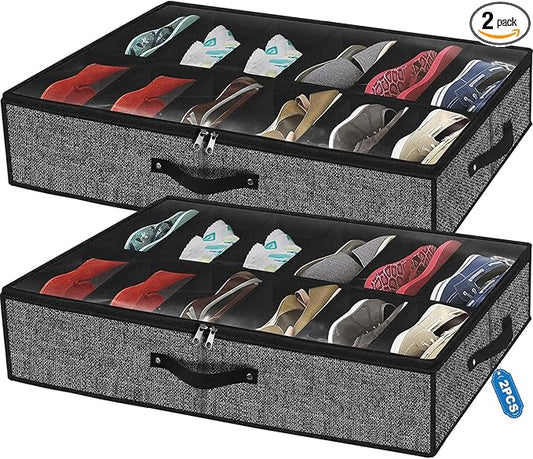 homyfort Under Bed Shoe Storage Organizer for Closet Fits 24 Pairs-Sturdy Underbed Shoe Storage Box Bins,Set of 2 (Linen-like Black)