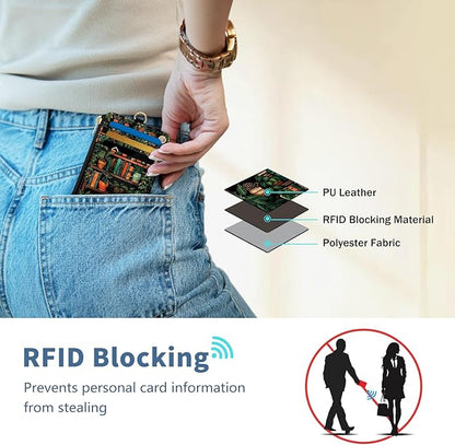 Lanyard Wallet with Id Badge Holder, Bookshelf RFID Small Keychain Wallet Women Wristlet, Cute Zipper Credit Card Holder Phone Wrist Neck Strap for Key Name Tag, Teacher Student Office Gifts