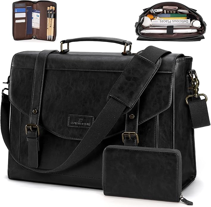 RAINSMORE Flap Messenger Bag for Men Vintage PU Leather Laptop Bag 15.6 Inch Retro Briefcase with Wallet Satchel Computer Bag