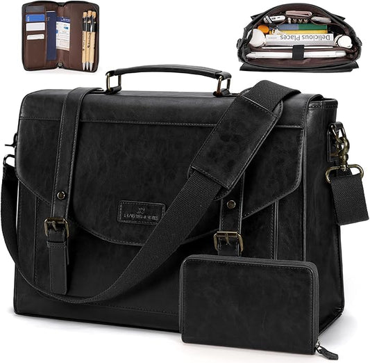 RAINSMORE Flap Messenger Bag for Men Vintage PU Leather Laptop Bag 15.6 Inch Retro Briefcase with Wallet Satchel Computer Bag