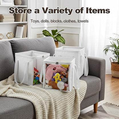 3 Pack Large Storage Bins, Foldable PVC Organizer Box with Transparent Lid & Handles, Multi-Purpose Toy Clothes Books Home Decor Storage (White, 12 Inch)