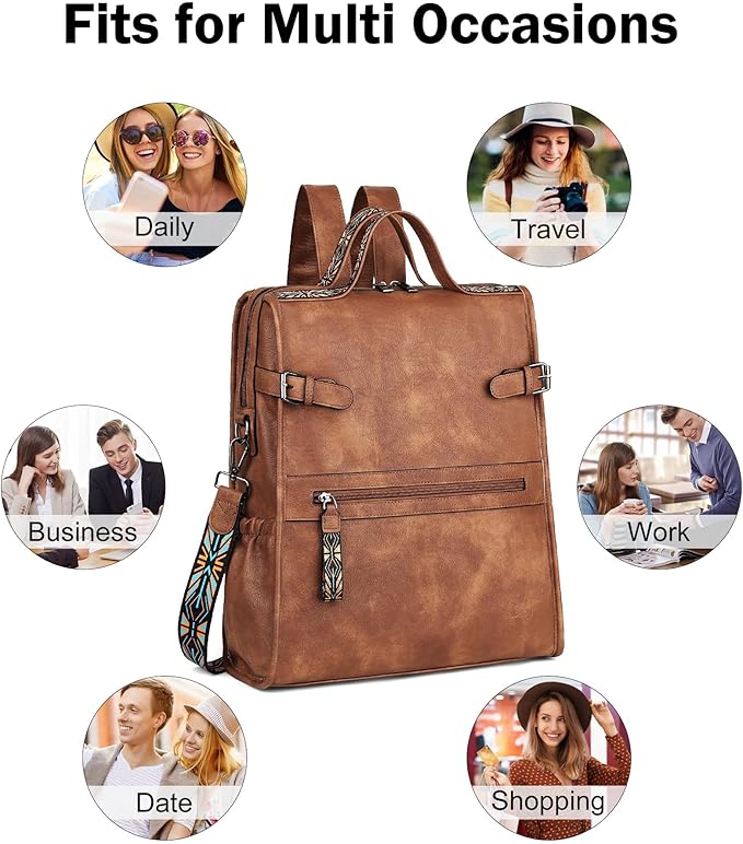FADEON Leather Laptop Backpack for Women, Designer Ladies Work Travel Computer Backpack with Laptop Compartment Purse Brown