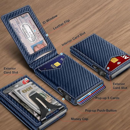 Genuine Leather Wallet for Men Slim Magnetic Flip Bifold with Money Clip and Metal Card Case Holds 9 Cards Ideal for Gifts and Daily Use (Purplish Blue)