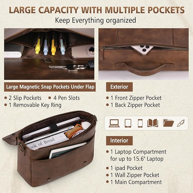 RAINSMORE Leather Messenger Bag for Men 15.6 Inch Laptop Bag Vintage Briefcase Large Computer Bag Satchel Shoulder Bag For College, Work, Business, Office, Brown