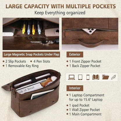 RAINSMORE Leather Messenger Bag for Men 15.6 Inch Laptop Bag Vintage Briefcase Large Computer Bag Satchel Shoulder Bag For College, Work, Business, Office, Brown