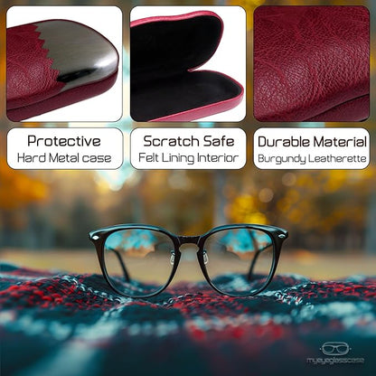MyEyeglassCase Men's Medium Glasses Case - Classic Eyeglasses Hard Shell Holder, Elegant Easy Open Lip with Pouch and Cloth