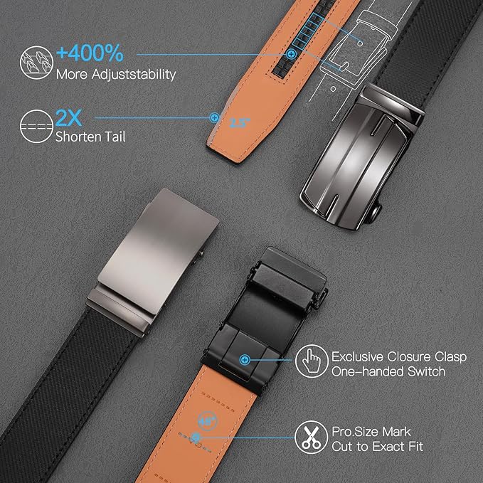 SENDEFN Leather Belt for Men Automatic Ratchet Buckle Slide Dress Casual Belts 1 3/8'' Wide Adjustable Trim to Fit(Black-20)