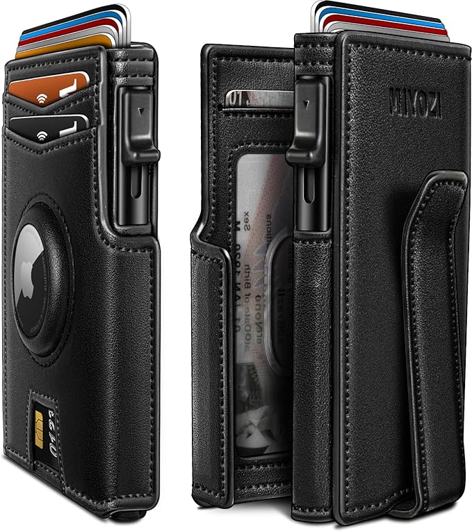 miyozi Airtag Wallet for Men,with Money Clip 10 Cards Metal Case Smart Slim Pop Up Credit Card Holder Flip with Magnetic Closure RFID Blocking wallet with Gift Box