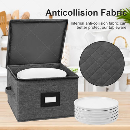 Mayniu China Storage Containers Hard Shell, 12" Plate Storage Containers for Dishes, Stackable Dinnerware Storage with 24 Felt Dividers (2 Pack Black)