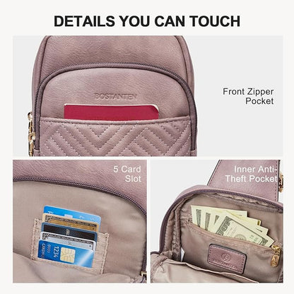 BOSTANTEN Sling Bag Quilted Crossbody Bags for Women Cross Body Purse Leather Fanny Pack with Adjustable Guitar Strap