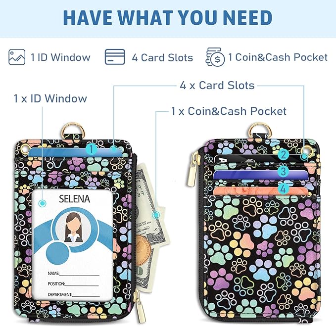 Piefly Cute Dog Paw Lanyard Wallet with ID Badge Holder, Small RFID Wallet Women Keychain Wristlet, Slim Credit Card Holder with Zipper Pocket Phone Lanyard Wrist Strap Name Tag Office Teacher Gift