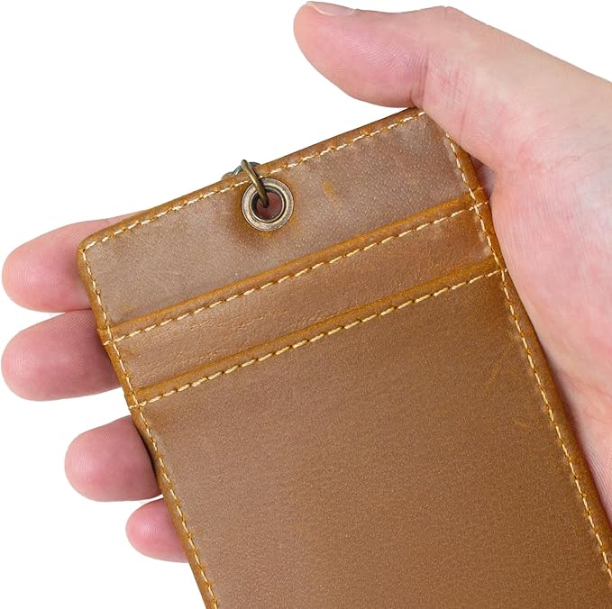 Badge Holder: Boshiho Cowhide Leather ID Card Badge Holder with Keychain Key Ring, Vertical Style (Light Brown)