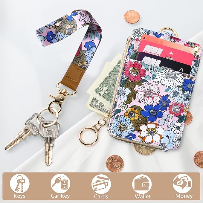 bolimoss 2-in-1 Floral Lanyard Wallet & ID Badge Holder, Vertical Leather ID Card Name Badge Holders with Small Zip ID Case Breakaway Wristlet & Cute Neck Lanyard for Offices, Woker, Teacher, Students