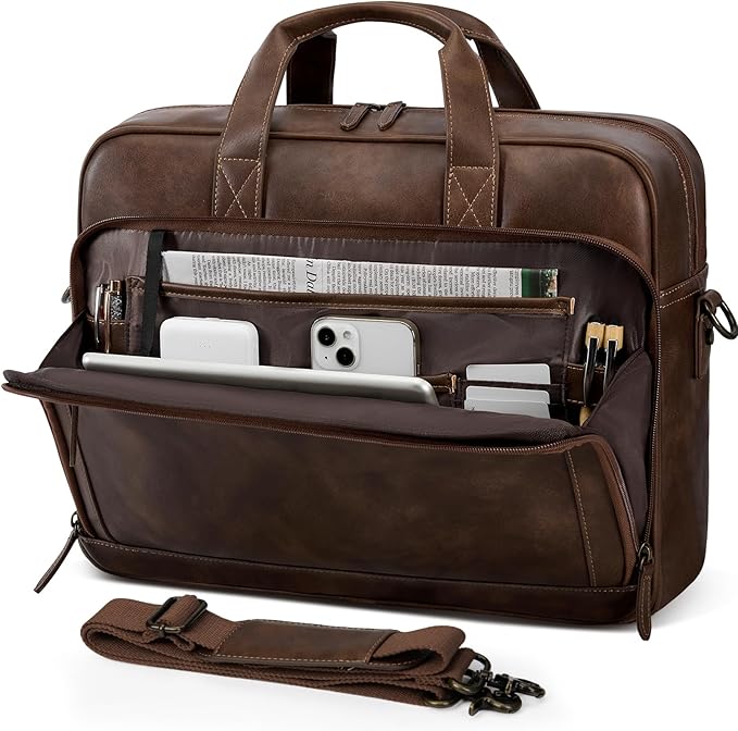 RAINSMORE Mens Laptop Bag 16 Inch Leather Briefcase Vintage Messenger Bag for Men Large Crossbody Shoulder Office Computer Bag Retro College Satchel Bag for Work, Business,Travel, Dark Brown