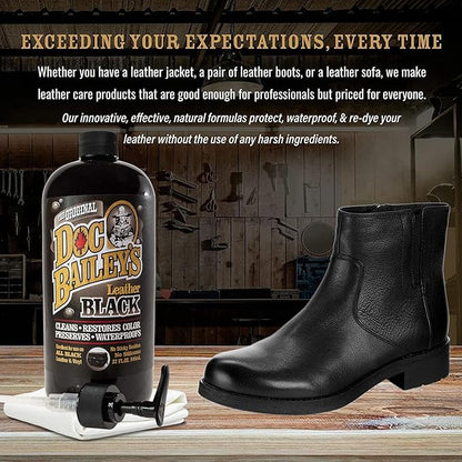 Doc Baileys Leather Black Care -Premium Quality All In One Leather Cleaner, Conditioner, Waterproofer & Protectant - For your Car, Bike, Horse Tack, Home Decor and Other Leather Needs 32oz Bottle