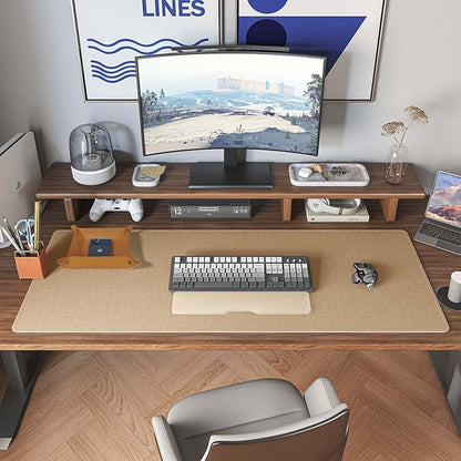 DAWNTREES Dual Sided Desk Mat,Leather Desk Pad,Brown 40"x16",Cork Desk Mat Protector,with PU Leather Valet Tray Organizer,Large Mouse Pad,Desk Writing Pad for Office and Home