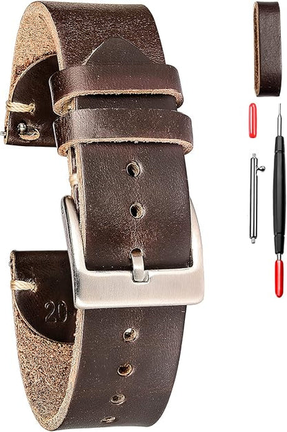 hemsut h Leather Watch Bands for Men, Horween Quick Release Leather Watch Strap Vintage Watch Replacement Wrap of 18mm, 20mm, 22mm