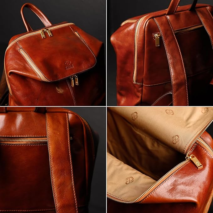 Time Resistance Leather Backpack - Unisex Business Rucksack Laptop Bag for Bag and Women (Cognac Brown)