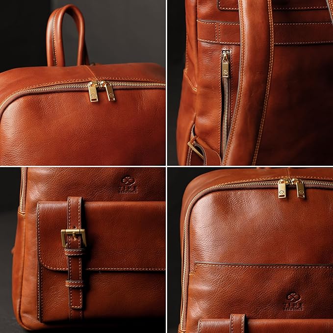 Time Resistance Leather Backpack for Men and Women - Laptop Bag up to 15” - Cognac Brown Business Rucksack