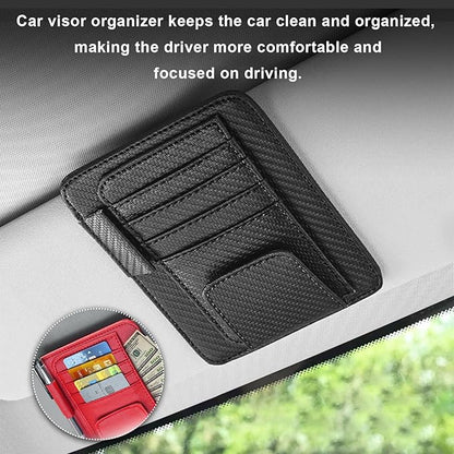 Dickno 2PCS Small Leather Car Sun Visor Organizer, Multifunctional Auto Visor Document Holder with Sunglasses Clip, Universal Car Interior Organizer for Driving License, Card, Pen (Carbon Fiber Black)