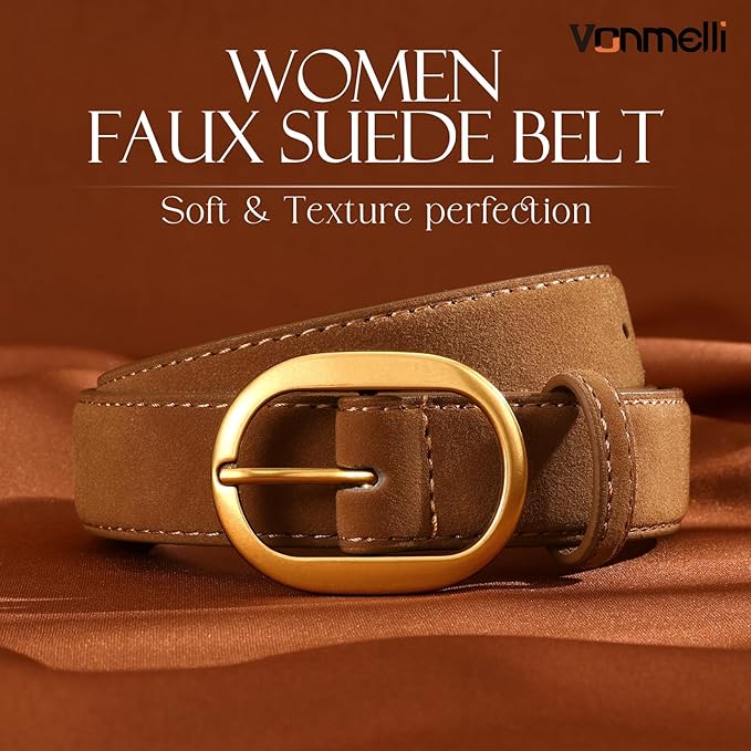 VONMELLI Faux Women's Suede Belt for Jeans Dresses Ladies Leather Belt with Vintage Gold Buckle
