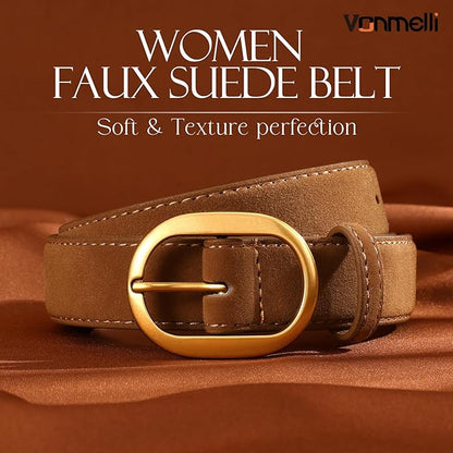 VONMELLI Faux Women's Suede Belt for Jeans Dresses Ladies Leather Belt with Vintage Gold Buckle