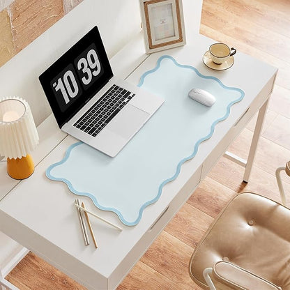 Ralxion Scalloped Desk Mat, 31.5" x 15.7", PU Leather, Waterproof Anti-Slip, Cute Aesthetic Desk Pad for Office/Home/Game/Vanity (Blue, Large)