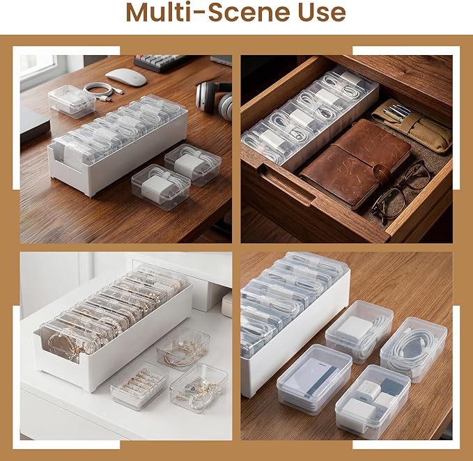8 Individual Cable Organizer Boxes With Base, Cord Storage Organizer With Labels And Cable Straps For Charging Cables, Adapters, Earphones And Small Electronic Accessories