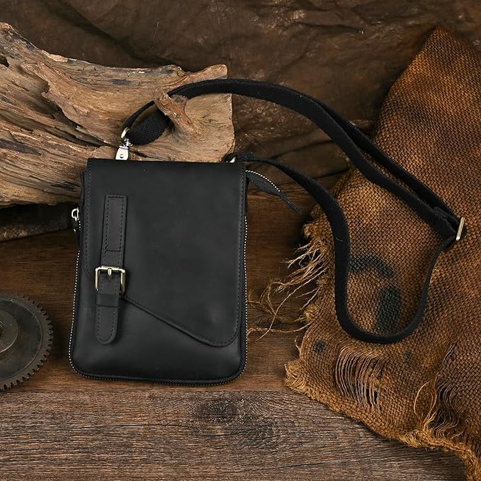 Le'aokuu Mens Genuine Leather Small Messenger Shoulder Satchel Phone Pouch Belt Waist Bag Pack