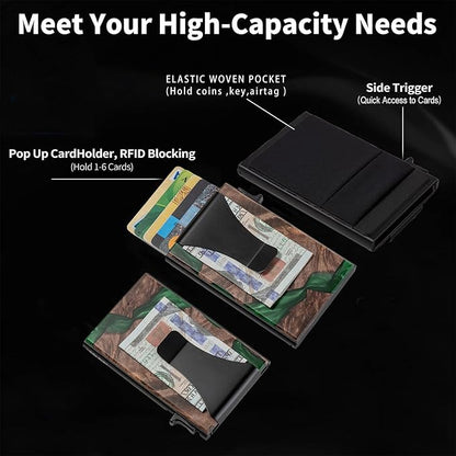 Slim Aluminum Wallet for Men, RFID Blocking Minimalist Matel Pop Up Card Holder Wallet, Holds 8+ Cards,Durable Removable Money Clip & Money Pocket(Resin Green Wood)