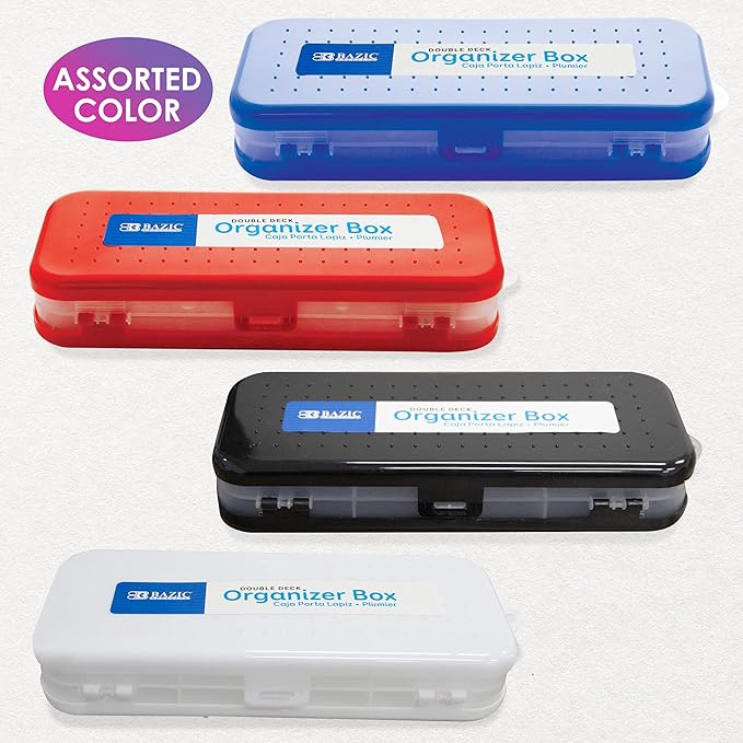 BAZIC PRODUCTS Plastic Pencil Case, Double Deck Utility Storage Box, Multi Purpose Organizer & Supply Holder, Transparent Box Design, Assorted Color, Ideal for School, Office & Craft Use, 24-Pack