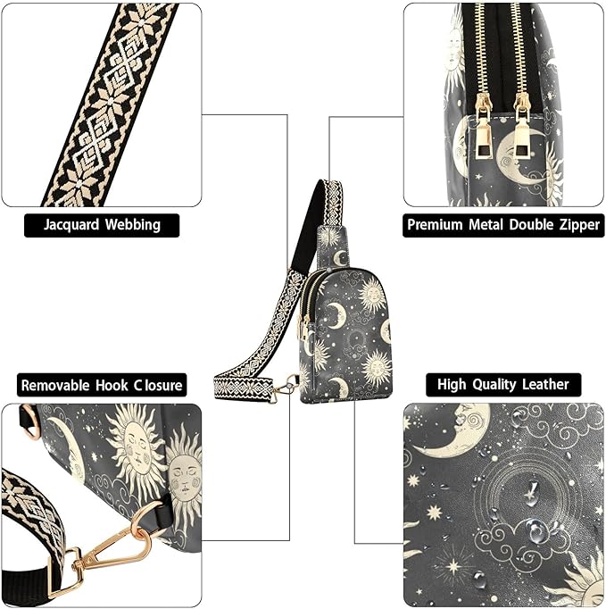 ZAZYXTJ Celestial Bohemian Moon Crossbody Sling Bag for Women Leather Small Chest Bag Adjustable Straps Daypack for Travel Sport Hiking