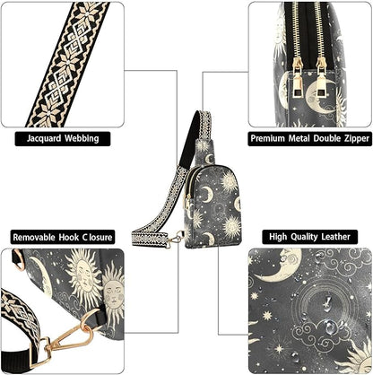 ZAZYXTJ Celestial Bohemian Moon Crossbody Sling Bag for Women Leather Small Chest Bag Adjustable Straps Daypack for Travel Sport Hiking