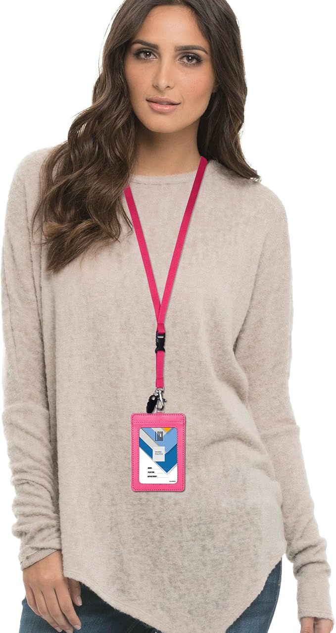 Badge Holder, Wisdompro 2-Sided PU Leather ID Badge Card Holder Wallet Case with 1 Clear ID Window and 1 Credit Card Slot and 22 Inch Quick Rlease Detachable Neck Lanyard Strap - Hot Pink (Vertical)