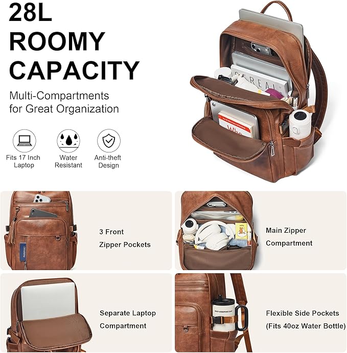 Shrrie Vegan Leather Laptop Backpack for Women,17 Inch Computer Backpack Purse for Work Business College Travel Teacher Nurse with Anti-theft Pocket & Giant Tumbler Holder Pocket,Caramel Brown