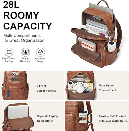 Shrrie Vegan Leather Laptop Backpack for Women,17 Inch Computer Backpack Purse for Work Business College Travel Teacher Nurse with Anti-theft Pocket & Giant Tumbler Holder Pocket,Caramel Brown