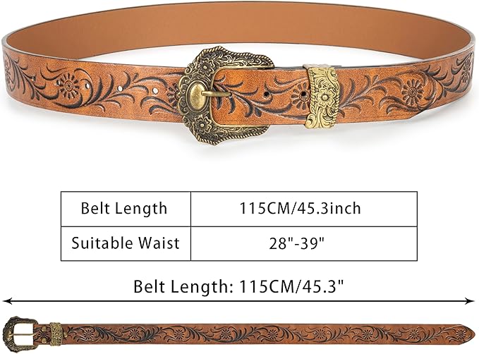 Mealah Vintage Western-Cowboy-Belt for Women Men - Carved Buckle PU Leather Waist Belts (for Waist 28"-38")