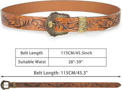 Mealah Vintage Western-Cowboy-Belt for Women Men - Carved Buckle PU Leather Waist Belts (for Waist 28"-38")