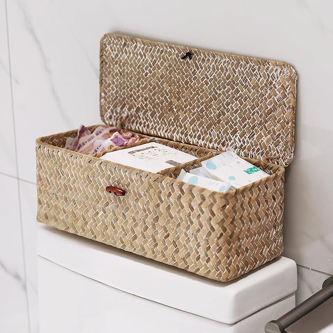 Seagrass Storage Basket with Lid Rectangular Small Woven Shelf Baskets with Sections for Organize Snack Toys Whitewash