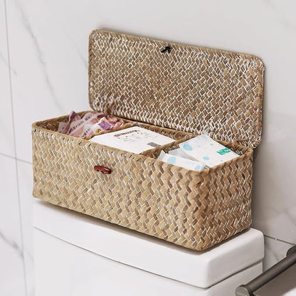 Seagrass Storage Basket with Lid Rectangular Small Woven Shelf Baskets with Sections for Organize Snack Toys Whitewash