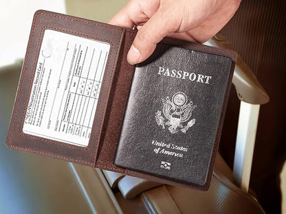 Genuine Leather Passport and Vaccine Card Holder Combo, RFID Blocking, Coffee, Unisex