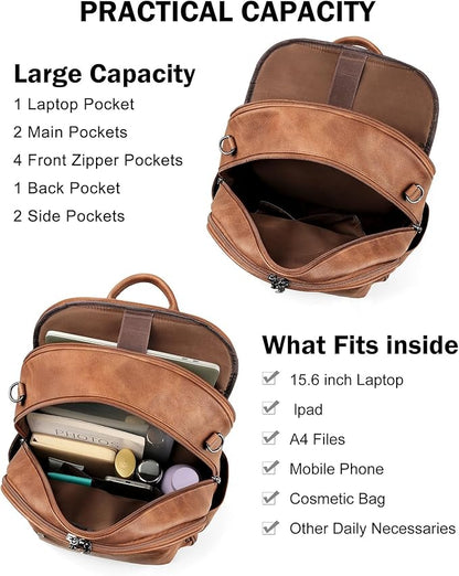 FADEON 15.6 inch Laptop Backpack Purse for Women Designer PU Leather Computer Backpacks Fashion for Work Travel Brown