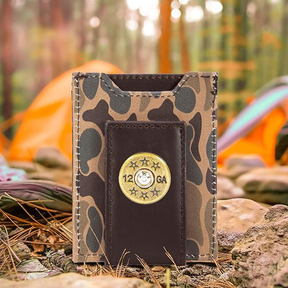 ZEP-PRO Shotshell Men's Magnetic Front Pocket Old School Camo Leather Wallet – Slim Design with Card Slots and Money Clip, Brown/Tan Camo